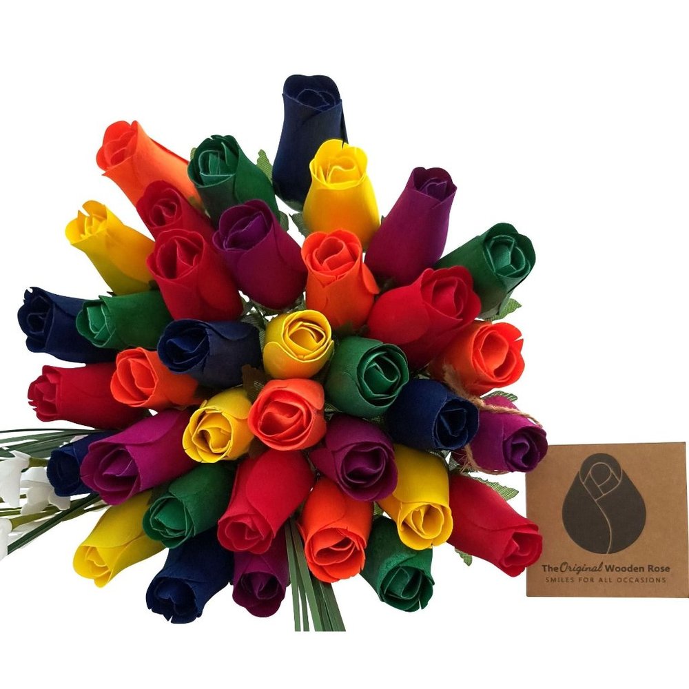 3 Doz Autism Aware Rainbow Wooden Roses Flower Bouquet. The Original Wooden Rose